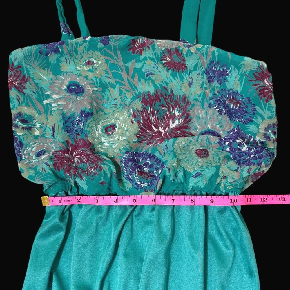 Vintage 70s Teal Floral Maxi Dress & Kimono Set ILGWU Made in USA Size 10
